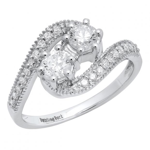 0.90 Carat (ctw) 14K White Gold Round White Diamond Ladies Milgrain Two Stone Bypass Style Bridal Engagement Ring