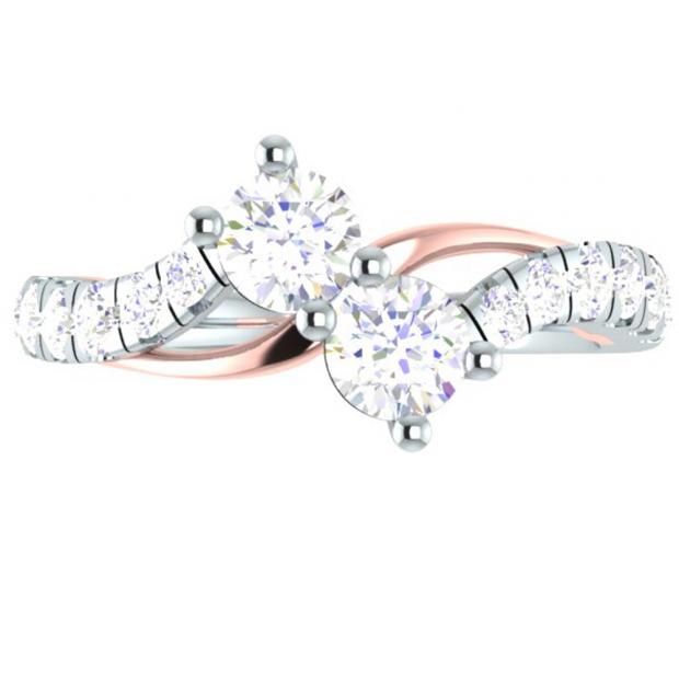 0.95 Carat (ctw) 10K White & Rose Gold Round White Diamond Ladies Two Stone Bridal Engagement Ring 1 CT