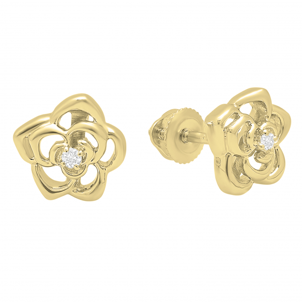 0.02 Carat (ctw) 18K Yellow Gold Round Cut White Diamond Ladies Flower Shaped Stud Earrings