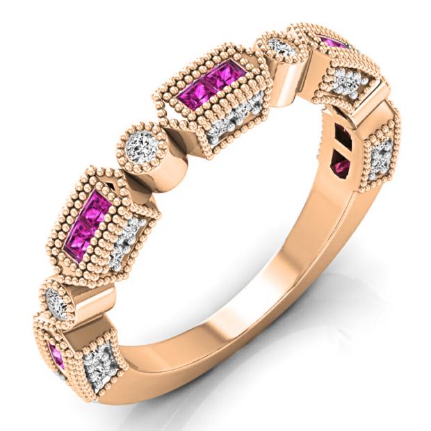 0.50 Carat (ctw) 14K Rose Gold Princess Pink Sapphire & Round White Diamond Ladies Vintage Style Anniversary Wedding Eternity Stackable Band 1/2 CT