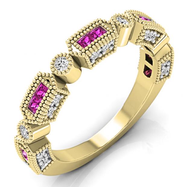 0.50 Carat (ctw) 14K Yellow Gold Princess Pink Sapphire & Round White Diamond Ladies Vintage Style Anniversary Wedding Eternity Stackable Band 1/2 CT