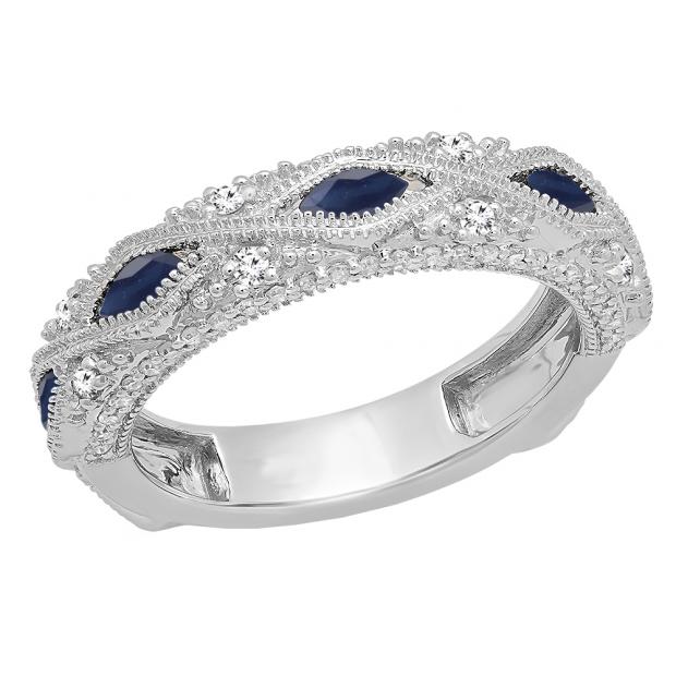 0.80 Carat (ctw) 10K White Gold Marquise Blue Sapphire & Round White Diamond Ladies Vintage Style Milgrain Stackable Wedding Band 3/4 CT
