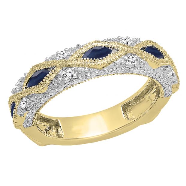 0.80 Carat (ctw) 14K Yellow Gold Marquise Blue Sapphire & Round White Diamond Ladies Vintage Style Milgrain Stackable Wedding Band 3/4 CT