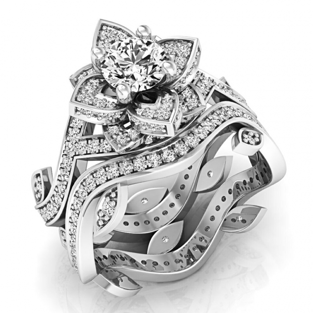 2.25 Carat (ctw) 10K White Gold Round White Cubic Zirconia Ladies Bridal Fashion Vintage Style Engagement Ring With Matching Band Set