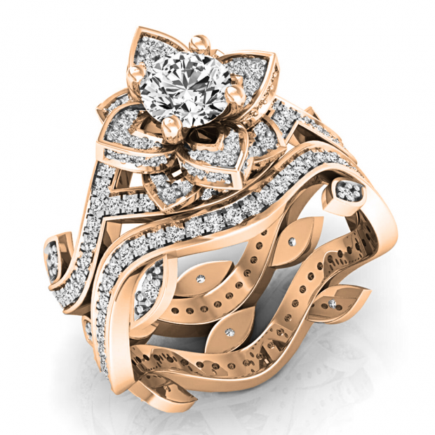 2.25 Carat (ctw) 14K Rose Gold Round White Cubic Zirconia Ladies Bridal Fashion Vintage Style Engagement Ring With Matching Band Set