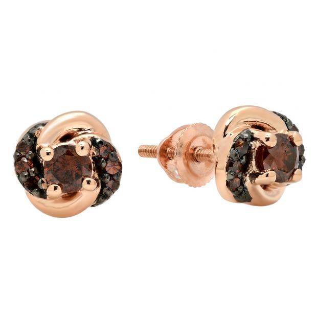 0.45 Carat (ctw) 18K Rose Gold Round Champagne Diamond Ladies Orbit Frame Stud Earrings 1/2 CT