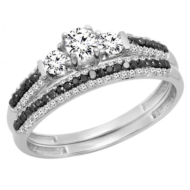 0.90 Carat (ctw) 10K White Gold Round White Sapphire Black & White Diamond Ladies 3 Stone Bridal Engagement Ring Set