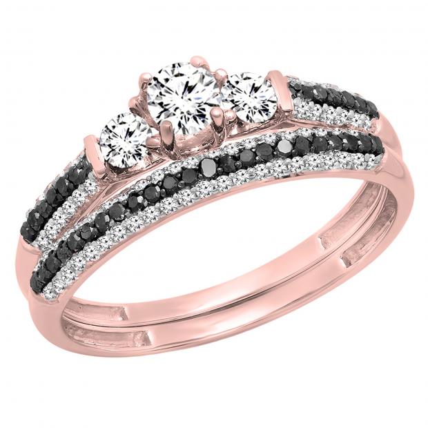 0.90 Carat (ctw) 18K Rose Gold Round White Sapphire Black & White Diamond Ladies 3 Stone Bridal Engagement Ring Set