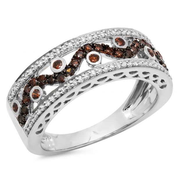 0.65 Carat (ctw) 14K White Gold Round Champagne & White Diamond Ladies Anniversary Ring Wedding Band