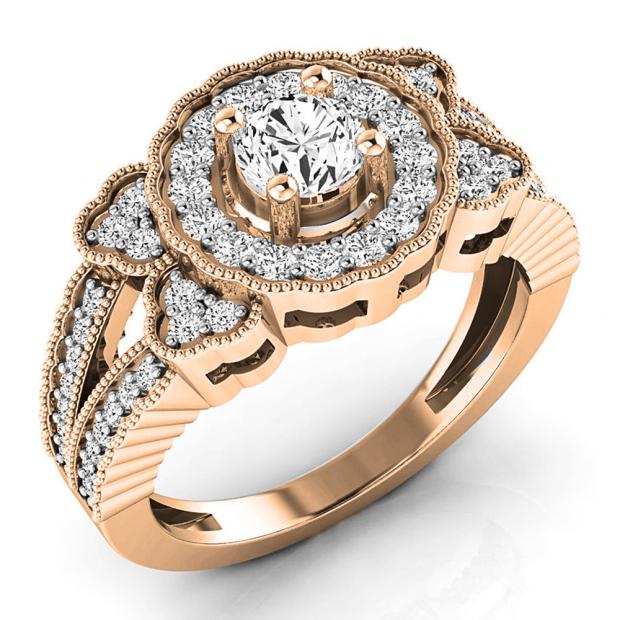 1.00 Carat (ctw) 10K Rose Gold Round Cut White Diamond Ladies Bridal Vintage Style Halo Engagement Ring 1 CT
