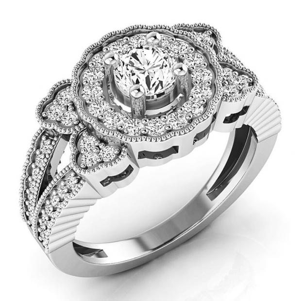 1.00 Carat (ctw) 10K White Gold Round Cut White Diamond Ladies Bridal Vintage Style Halo Engagement Ring 1 CT
