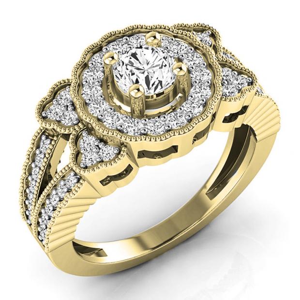 1.00 Carat (ctw) 10K Yellow Gold Round Cut White Diamond Ladies Bridal Vintage Style Halo Engagement Ring 1 CT