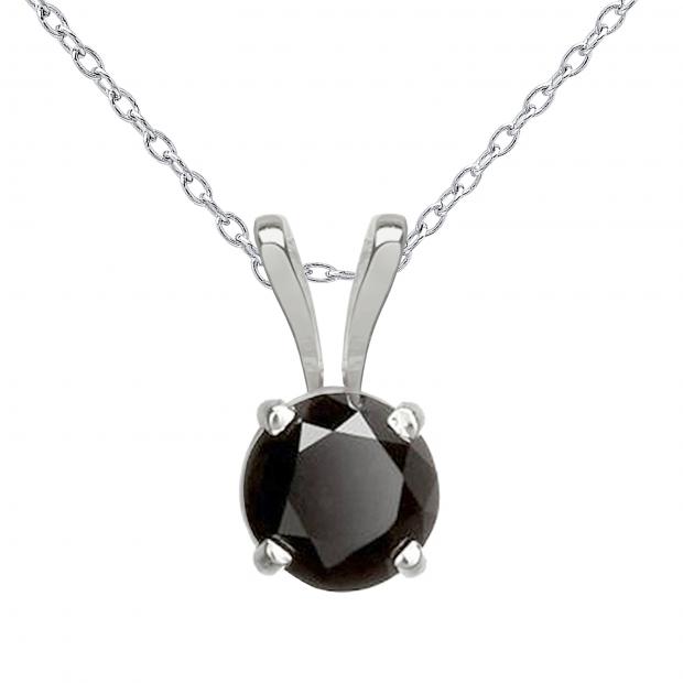 1.00 Carat (ctw) 18K White Gold Round Cut Black Diamond Ladies Solitaire Pendant (Silver Chain Included) 1 CT