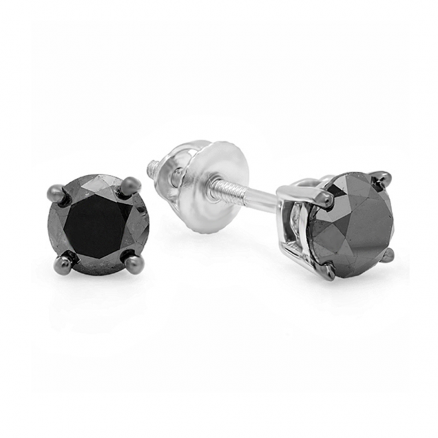 1.00 Carat (ctw) Sterling Silver Round Cut Black Diamond Ladies Stud Earrings 1 CT