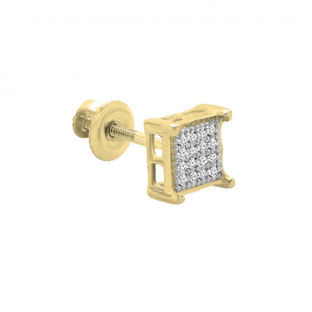 Round White Diamond V Prong Square Hip Hop Iced Unisex 1Pc Stud Earring (0.03 ctw, Color I-J, Clarity I2-I3) in 10K Yellow Gold in Screw Back