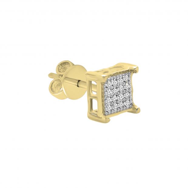 Round White Diamond V Prong Square Hip Hop Iced Unisex 1Pc Stud Earring (0.03 ctw, Color I-J, Clarity I2-I3) in 10K Yellow Gold in Push Back