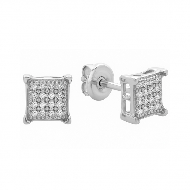 0.06 Ctw Natural Round White Diamond 4.5mm Square Hip Hop Studs in 925 Sterling Silver, Push Back,Unisex Design Ladies,Mens Real Diamond Earrings