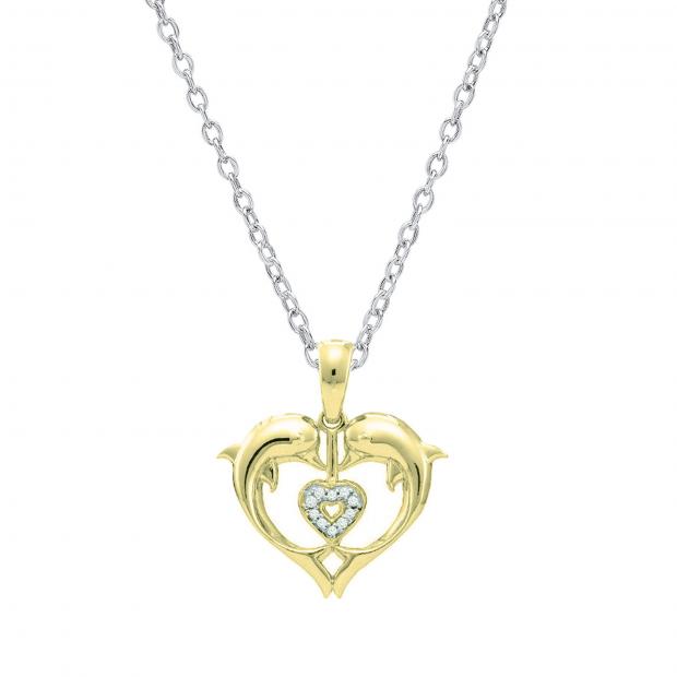 0.05 Carat (ctw) 18K Yellow Gold Round White Diamond Ladies Heart Shape Double Dolphin Pendant