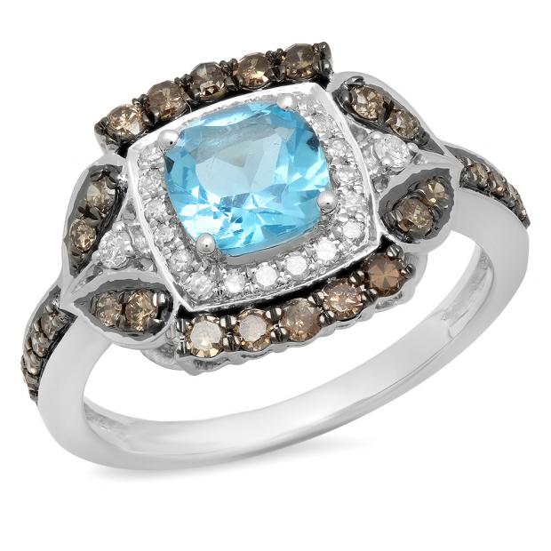1.75 Carat (ctw) 10K White Gold Cushion Cut Blue Topaz & Round Cut Champagne & White Diamond Ladies Halo Style Bridal Engagement Ring