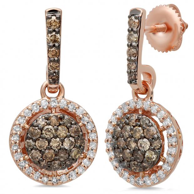 1.15 Carat (ctw) 14K Rose Gold Round Cut Champagne & White Diamond Ladies Cluster Style Dangling Drop Earrings