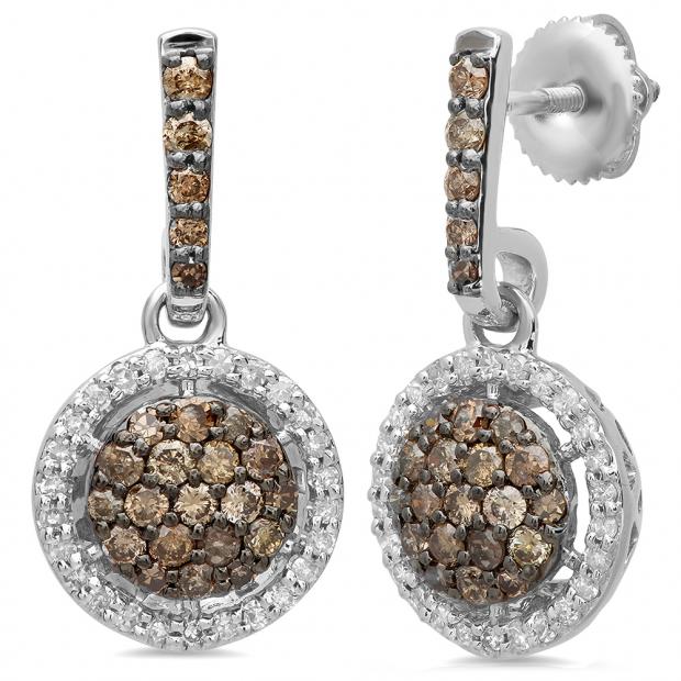 1.15 Carat (ctw) 14K White Gold Round Cut Champagne & White Diamond Ladies Cluster Style Dangling Drop Earrings