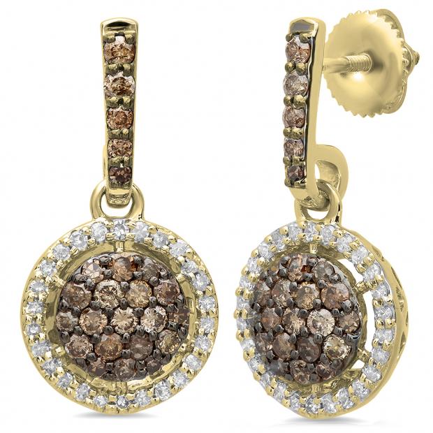 1.15 Carat (ctw) 14K Yellow Gold Round Cut Champagne & White Diamond Ladies Cluster Style Dangling Drop Earrings
