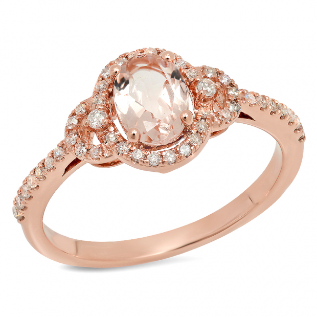 0.80 Carat (ctw) 18K Rose Gold Oval Cut Morganite & Round Cut White Diamond Ladies Bridal Halo Engagement Ring 3/4 CT
