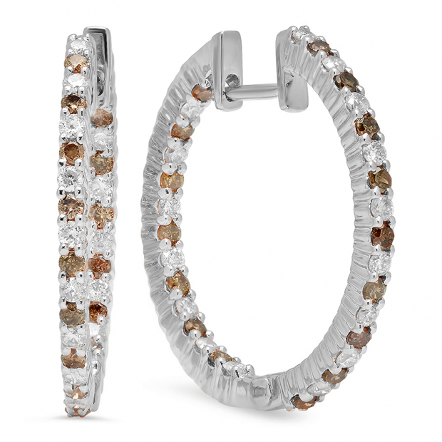 0.80 Carat (ctw) 14K White Gold Round Champagne & White Diamond Ladies Fine In And Out Hoop Earrings 3/4 CT