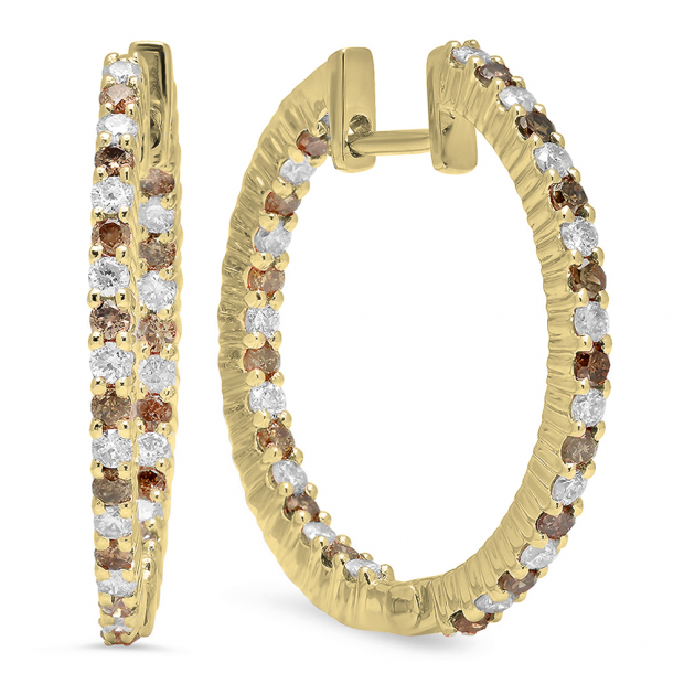 0.80 Carat (ctw) 14K Yellow Gold Round Champagne & White Diamond Ladies Fine In And Out Hoop Earrings 3/4 CT
