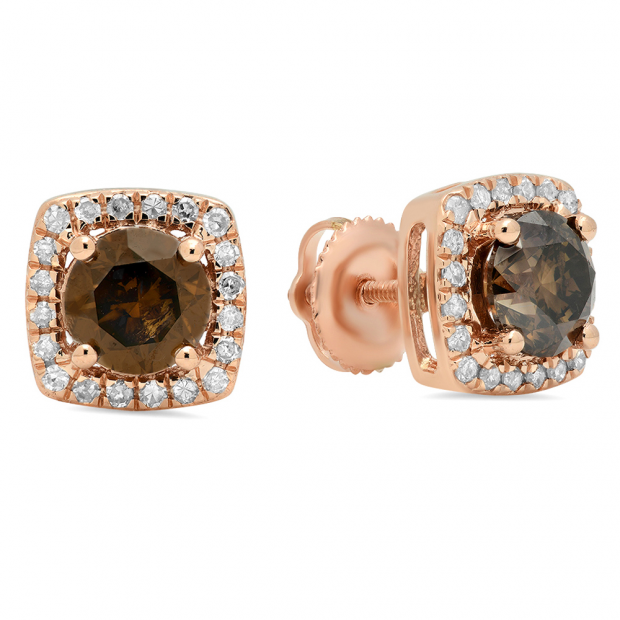 1.80 Carat (ctw) 10K Rose Gold Round Champagne & White Diamond Ladies Halo Style Stud Earrings
