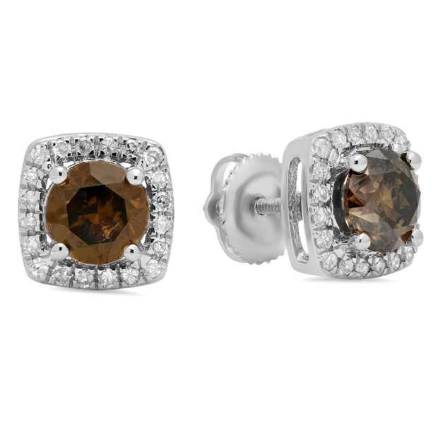 1.80 Carat (ctw) 10K White Gold Round Champagne & White Diamond Ladies Halo Style Stud Earrings