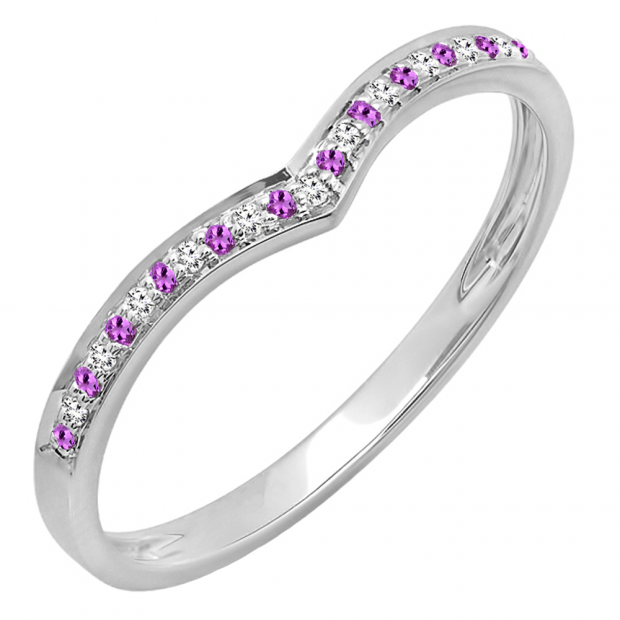 0.08 Carat (ctw) 14K White Gold Round White Diamond & Amethyst Ladies Wedding Stackable Band Anniversary Guard Chevron Ring