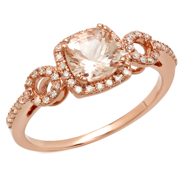 1.15 Carat (ctw) 14K Rose Gold Cushion Morganite & Round White Diamond Ladies Halo Bridal Engagement Ring