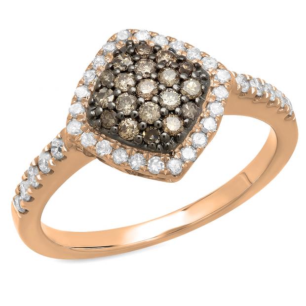 0.55 Carat (ctw) 10K Rose Gold Round Champagne & White Diamond Ladies Cluster Style Bridal Engagement Ring 1/2 CT