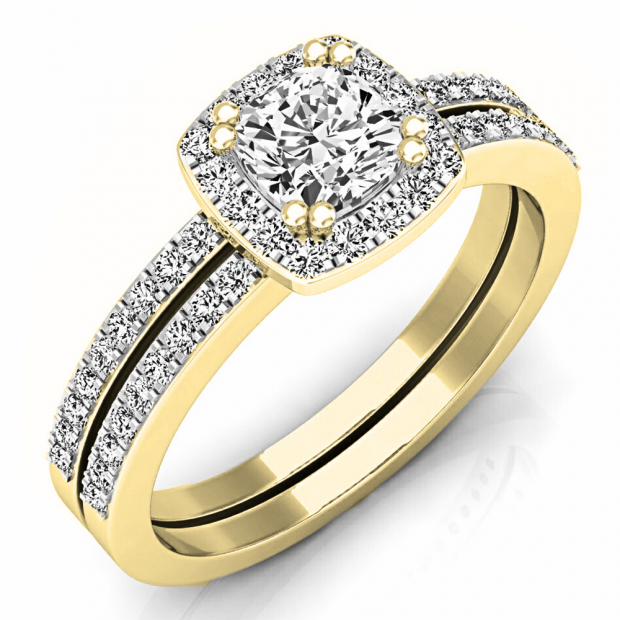 0.90 Carat (ctw) 10K Yellow Gold Cushion & Round Diamond Ladies Halo Style Bridal Engagement Ring Matching Band Set