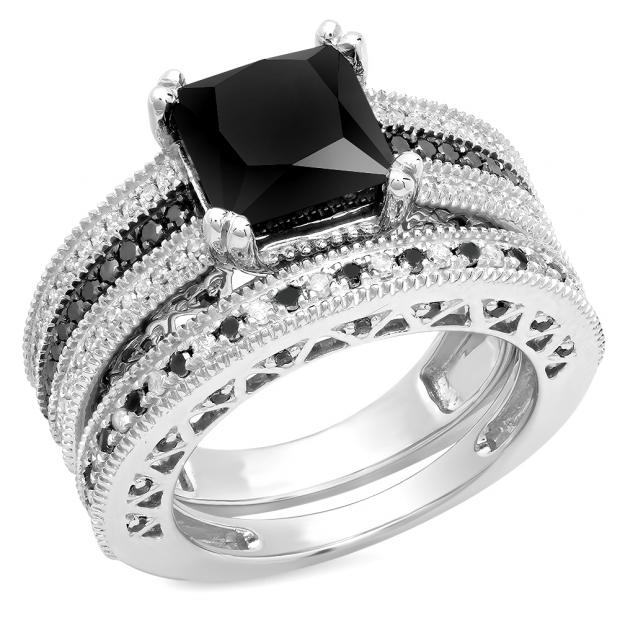 4.75 Carat (ctw) Sterling Silver Princess & Round Cut Black & White Diamond Ladies Bridal Vintage Style Engagement Ring With Matching Band Set