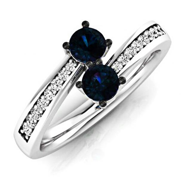 0.65 Carat (Ctw) 18K White Gold Round Blue Sapphire & White Diamond Ladies Forever Together Two Stone Bypass Style Bridal Engagement Ring