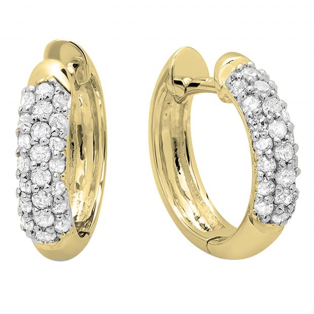 0.30 Carat (ctw) 10K Yellow Gold Round White Diamond Ladies Pave Set Huggies Hoop Earrings 1/3 CT