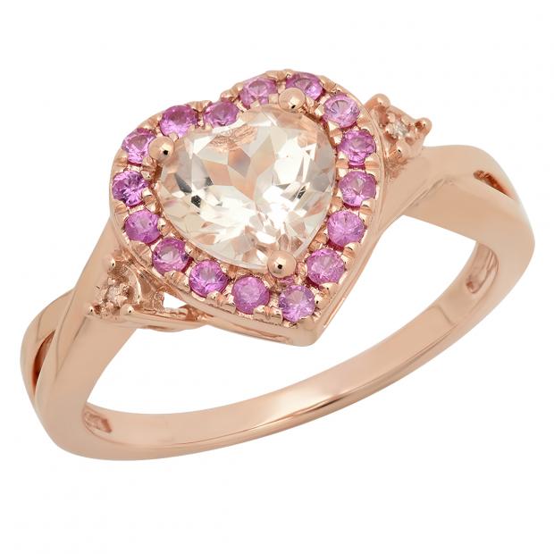 1.40 Carat (ctw) 14K Rose Gold Heart Cut Morganite & Round Cut Pink Sapphire & White Diamond Ladies Heart Shaped Bridal Promise Engagement Ring