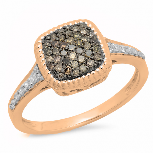 0.40 Carat (ctw) 10K Rose Gold Round Champagne & White Diamond Ladies Cluster Style Bridal Engagement Ring