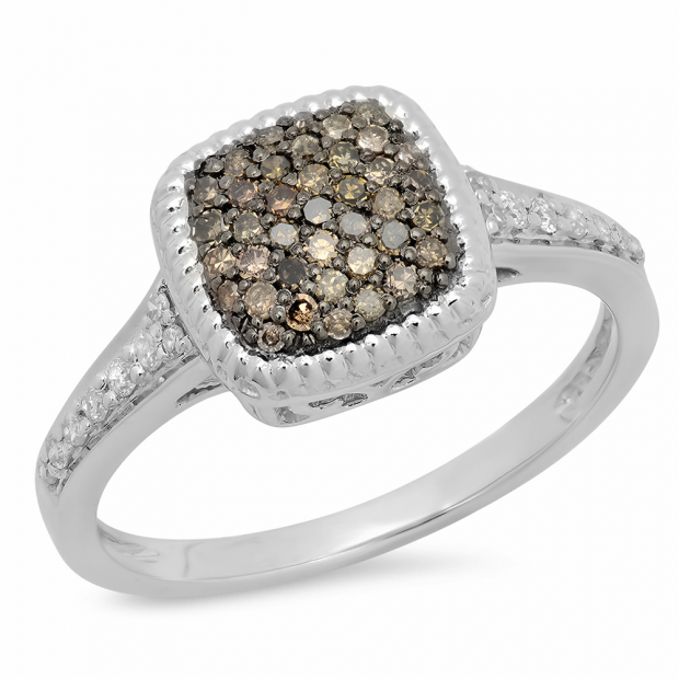 0.40 Carat (ctw) 10K White Gold Round Champagne & White Diamond Ladies Cluster Style Bridal Engagement Ring