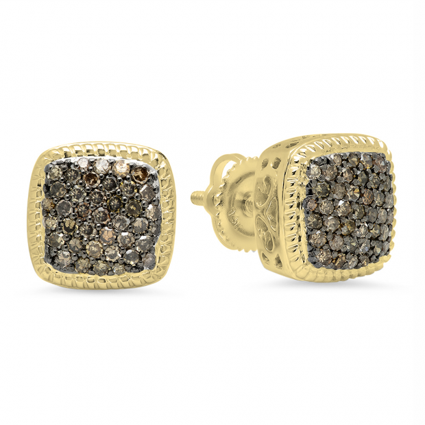 0.60 Carat (ctw) 14K Yellow Gold Round Champagne Diamond Ladies Cluster Style Stud Earrings