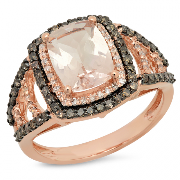 2.60 Carat (ctw) 14K Rose Gold Emerald Cut Morganite & Round Cut Champagne & White Diamond Ladies Halo Style Bridal Engagement Ring