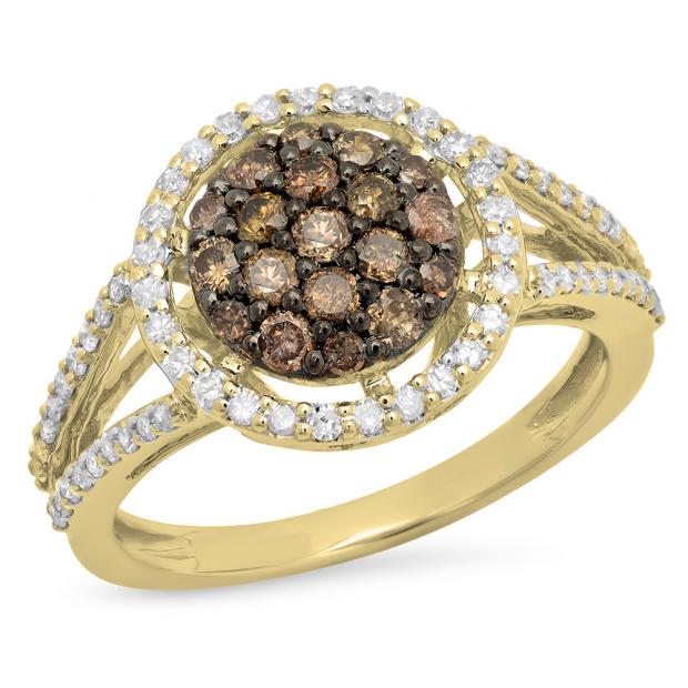0.90 Carat (ctw) 10K Yellow Gold Round Champagne & White Diamond Ladies Cluster Style Bridal Engagement Ring