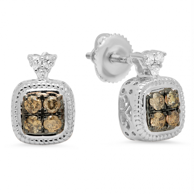 0.45 Carat (ctw) 10K White Gold Round Champagne & White Diamond Ladies Stud Earrings 1/2 CT