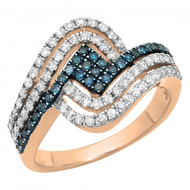 0.80 Carat (ctw) 10K Rose Gold Round Cut Blue & White Diamond Ladies Twisted Style Right Hand Fashion Band 3/4 CT