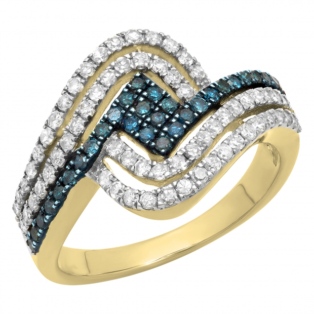 0.80 Carat (ctw) 10K Yellow Gold Round Cut Blue & White Diamond Ladies Twisted Style Right Hand Fashion Band 3/4 CT