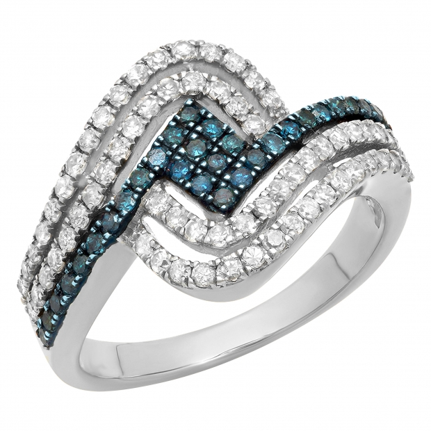 0.80 Carat (ctw) 18K White Gold Round Cut Blue & White Diamond Ladies Twisted Style Right Hand Fashion Band 3/4 CT