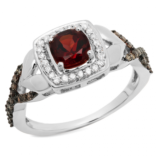 1.40 Carat (ctw) 10K White Gold Cushion Garnet & Round Champagne & White Diamond Ladies Swirl Split Shank Halo Style Bridal Engagement Ring