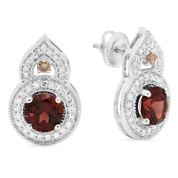 3.35 Carat (ctw) 10K White Gold Round Garnet Champagne & White Diamond Ladies Halo Style Drop Earrings
